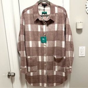 Well Worn Tan Ivory Plaid Faux Suede Soft Shacket Flannel Tunic Shirt XL NWT